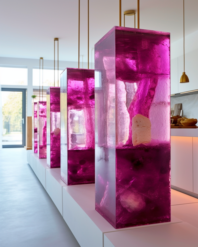Tall rectangular magenta crystal light columns suspended over a white kitchen island with brass fixtures