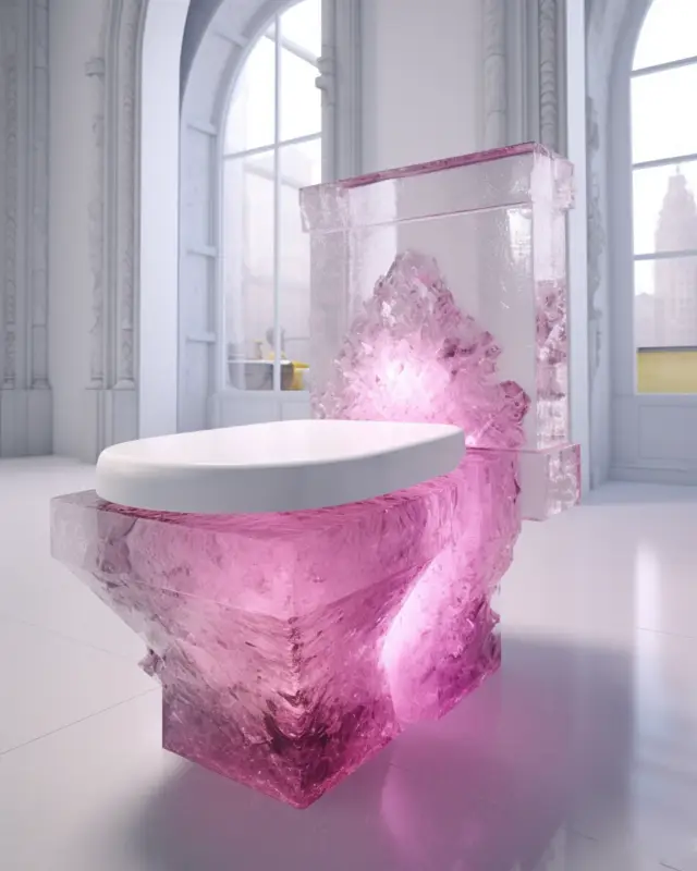 AI-designed magenta crystal toilet in bright white gallery space, IVA POPSURREAL concept showcasing sharp sculptural design and statement color