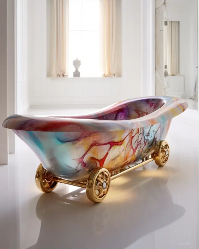Color-swirled clawfoot bathtub with a marble graffiti effect and gold wheels, AI art by IVA POPSURREAL