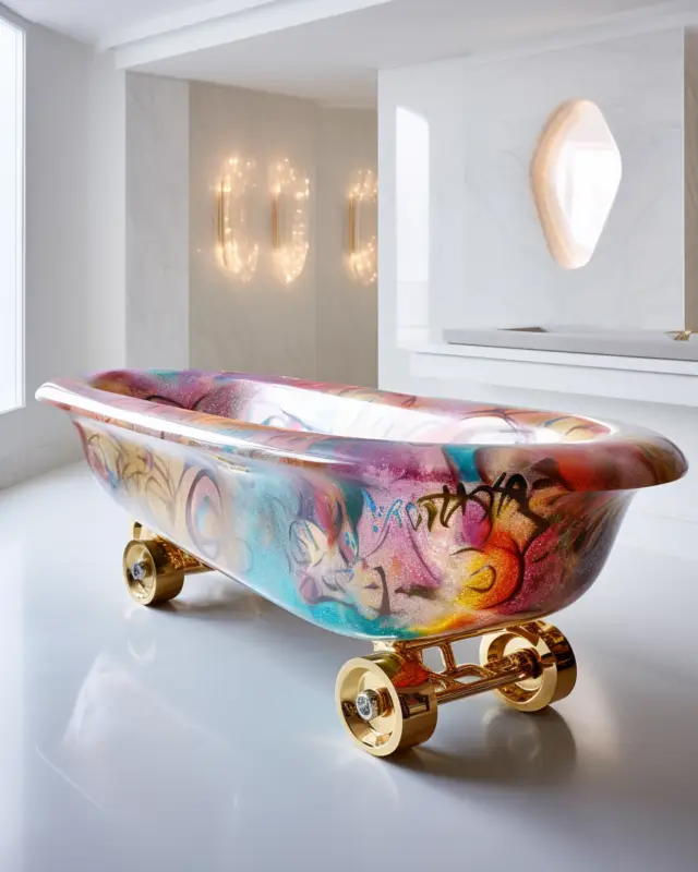 Color-swirled graffiti-style bathtub on gold wheels in a white interior, created by IVA POPSURREAL using AI