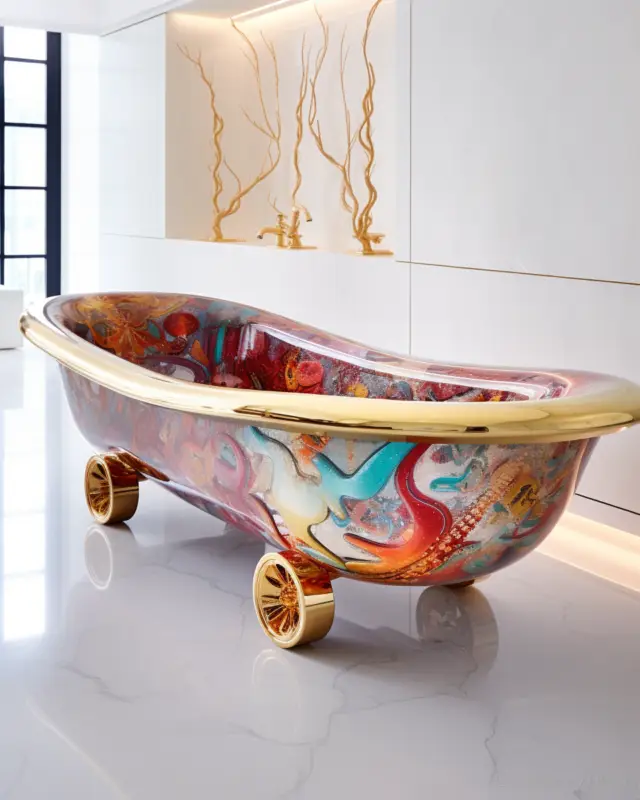 Color-rich graffiti-style bathtub with gold wheels and rim in a marble-tiled contemporary space, designed by IVA POPSURREAL using AI