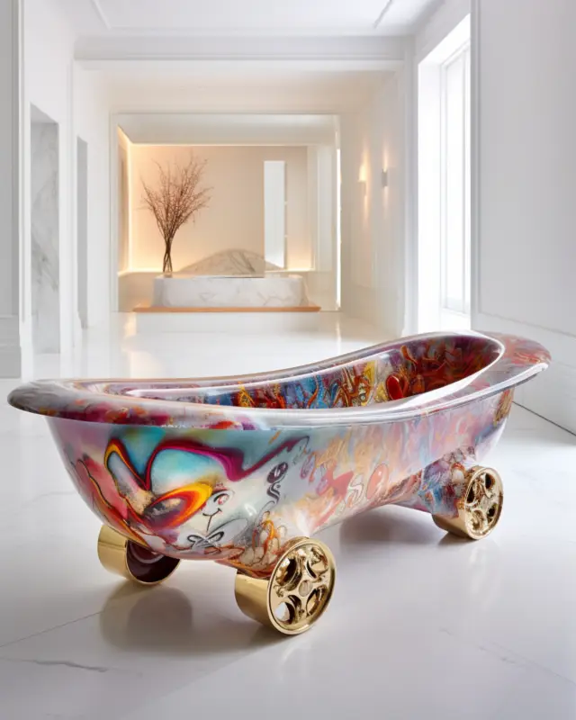 AI-generated freestanding bathtub with colorful graffiti design and gold wheels in minimalist white room by IVA POPSURREAL
