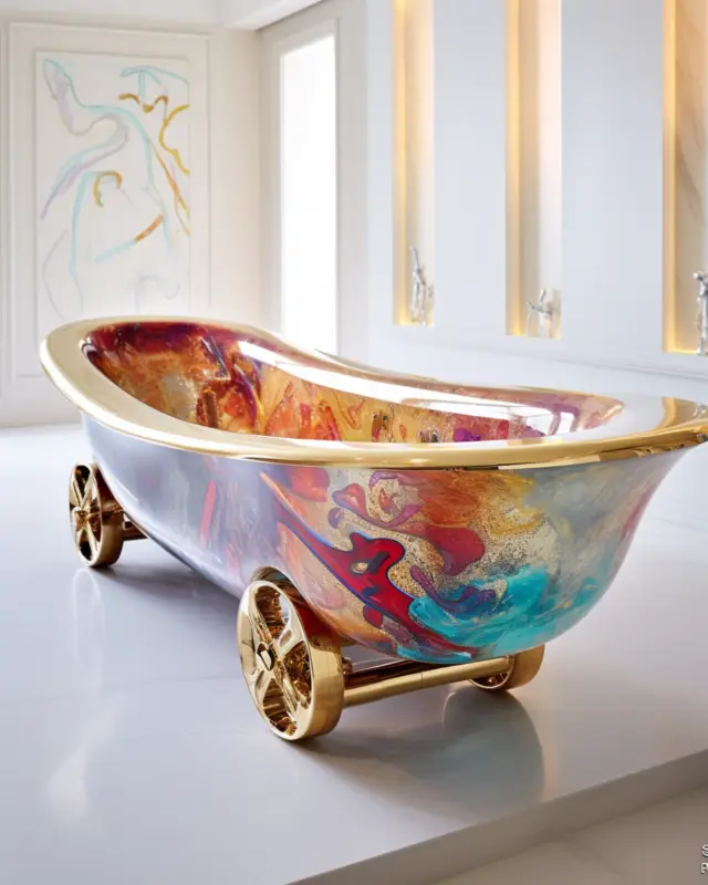 Color-swirled modern bathtub on gold wheels in a bright white interior, created by IVA POPSURREAL using AI