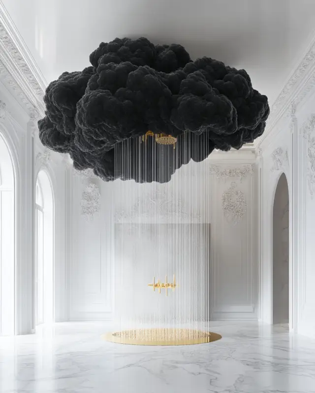 AI-generated black cloud shower with rainfall in white marble interior, created by IVA POPSURREAL and Suzan Valois for conceptual design spaces