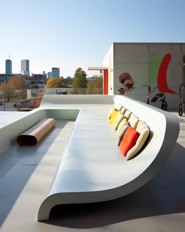 AI-generated skatepark office featuring curved concrete ramps, built-in seating nooks, and graffiti art accents, designed by IVA POPSURREAL