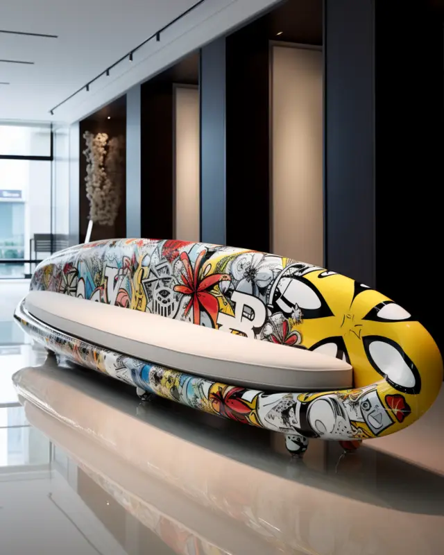 AI-generated couch with wave-like silhouette and layered graffiti graphics, designed by IVA POPSURREAL