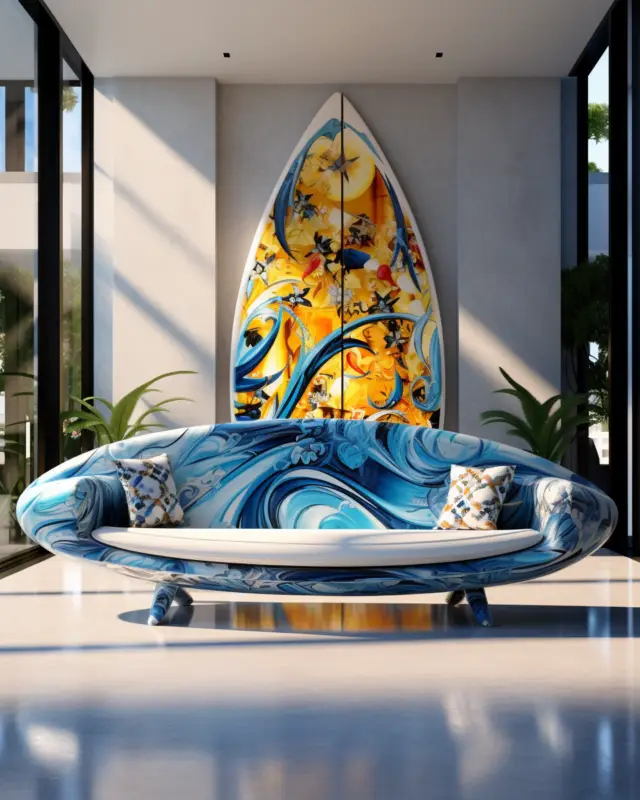 AI-generated curving couch shaped like a surfboard with vibrant graffiti patterns, designed by IVA POPSURREAL