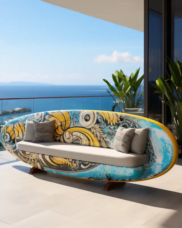 AI-generated surfboard-shaped couch with colorful graffiti print and curved form, designed by IVA POPSURREAL