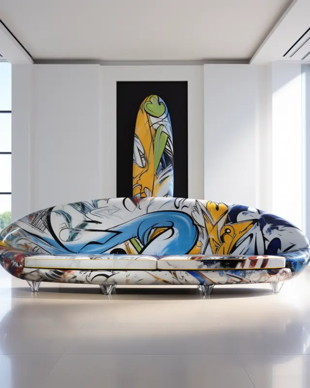 AI-generated low-profile lounge couch with surfboard-inspired contours and layered graffiti artwork, designed by IVA POPSURREAL