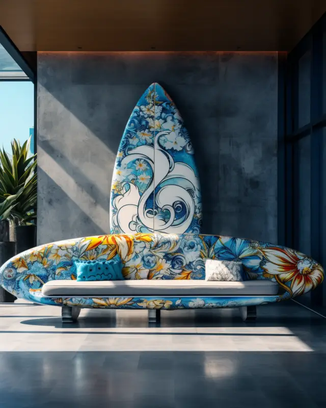AI-generated lounge couch shaped with undulating wave contours and multicolor graffiti patterns, designed by IVA POPSURREAL