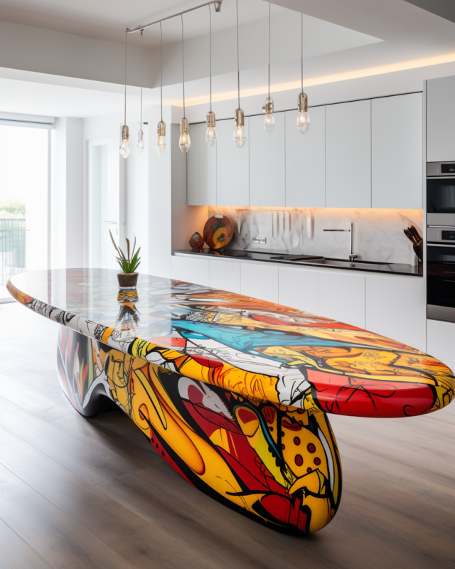 AI-generated dining table shaped like an elongated surfboard with bold graffiti art and slim metal supports, designed by IVA POPSURREAL