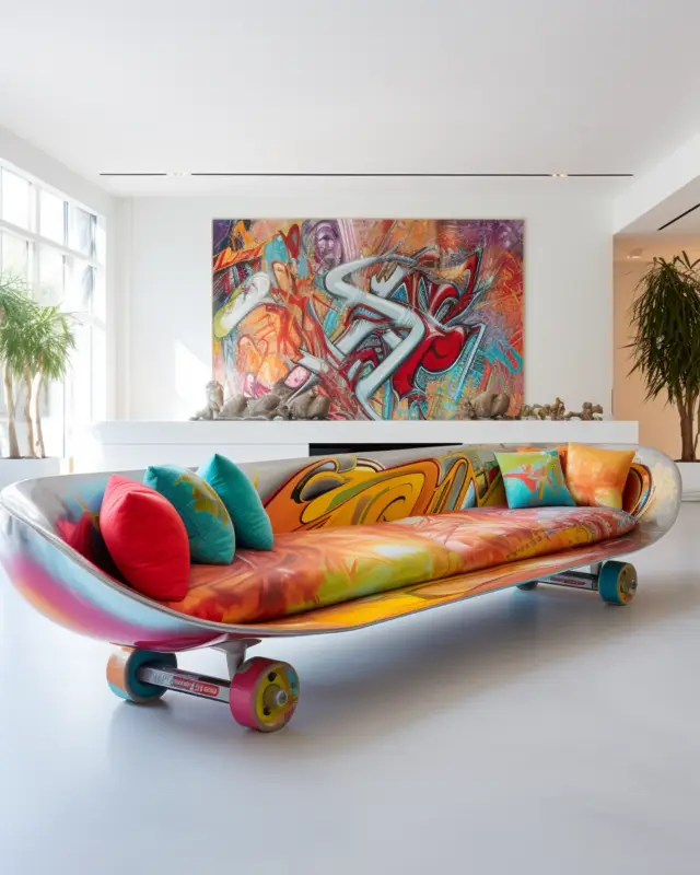 AI-generated skate ramp–shaped couch with raw concrete finish and dynamic graffiti tag artwork, designed by IVA POPSURREAL