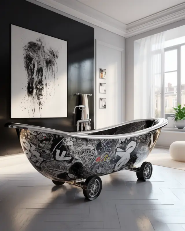 Freestanding bathtub covered in black and white graffiti-style art with wheels, placed in a sunlit minimalist bathroom. AI-generated lifestyle design by IVA POPSURREAL and Suzan Valois.