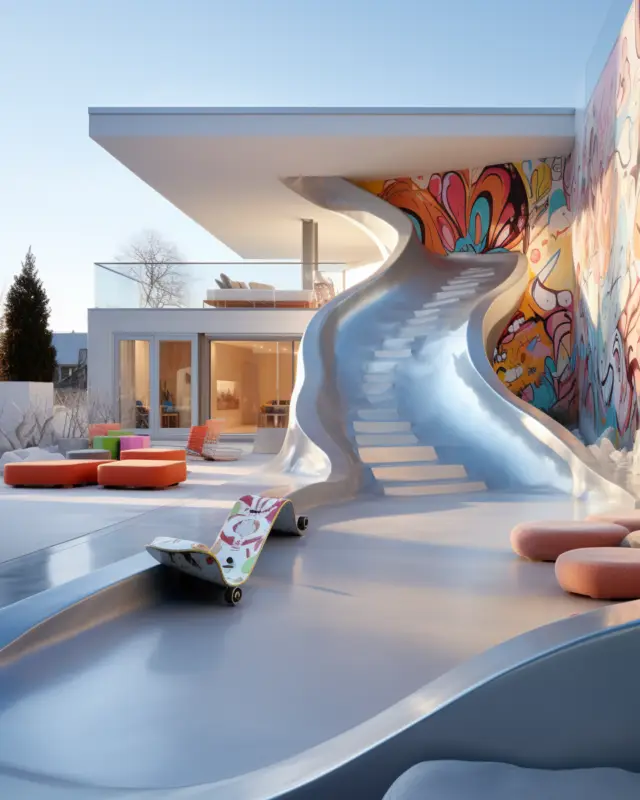 AI-generated exterior access ramp extending from a building façade, coated in high-gloss finish, designed by IVA POPSURREAL