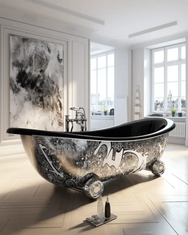 Graffiti-inspired clawfoot bathtub with black and white abstract design, created by IVA POPSURREAL using AI art