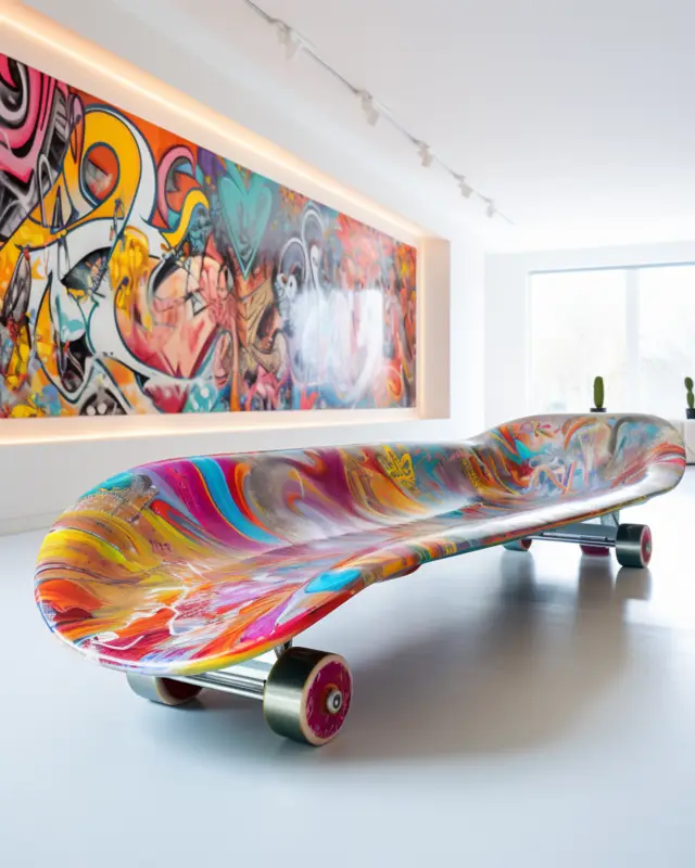 AI-generated skate couch shaped like a ramp section, finished with high-gloss graffiti tags and plush seating, designed by IVA POPSURREAL