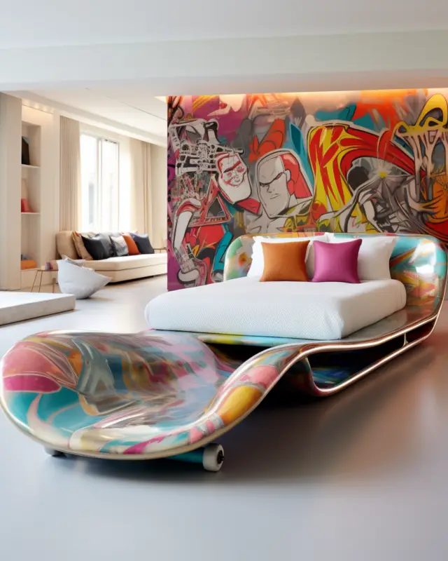AI-generated skate deck–shaped bed frame with glossy graffiti tag finish and integrated low-profile mattress platform, designed by IVA POPSURREAL