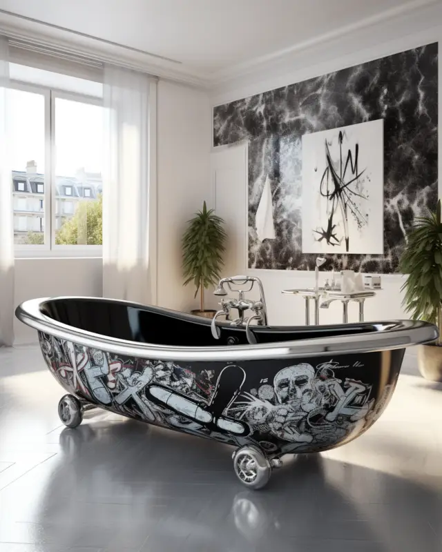 Freestanding black bathtub with graphic linework and abstract figures on wheels, situated in a contemporary white interior. Created with AI by IVA POPSURREAL and Suzan Valois.