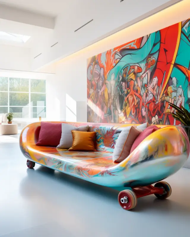 AI-generated skate shaped couch with graffiti tag artwork and plush seating pads, designed by IVA POPSURREAL