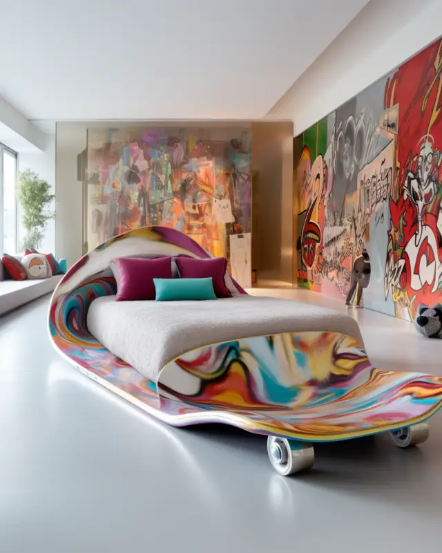 AI-generated skateboard bed frame with graffiti tag finish on headboard and base, designed by IVA POPSURREAL