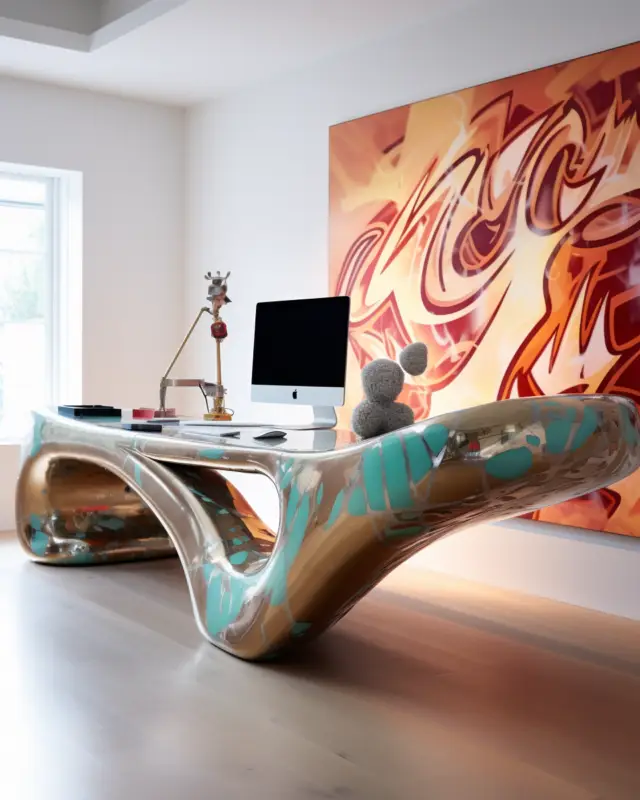 AI-generated home office desk with high-gloss graffiti tag finish, sleek metal frame, and integrated workspace, designed by IVA POPSURREAL