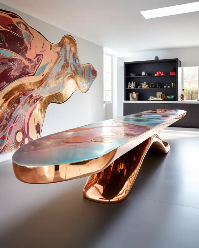 AI-generated kitchen table with high-gloss graffiti tag finish and sleek architectural legs, designed by IVA POPSURREAL