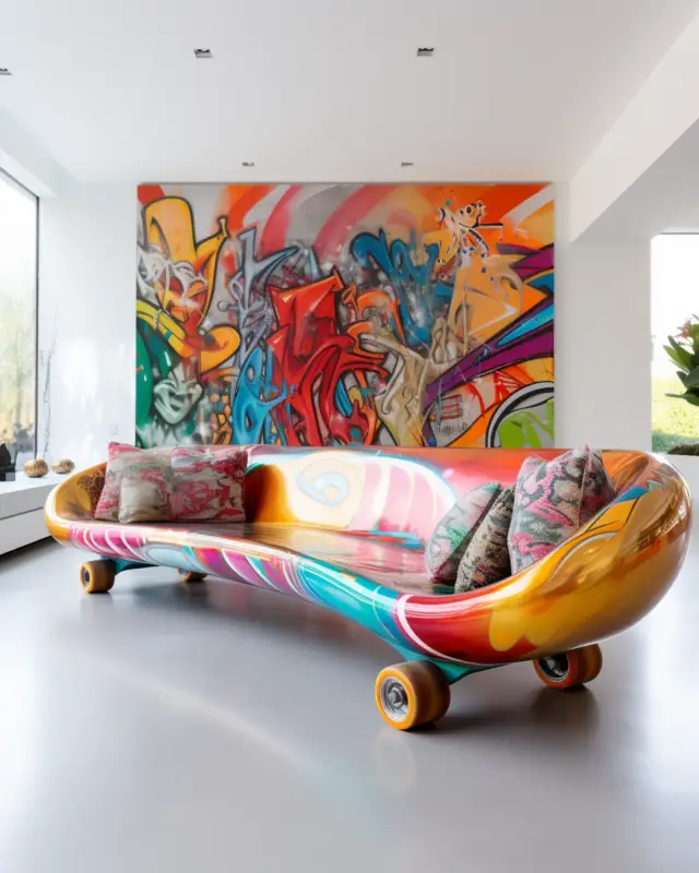 AI-generated wave-shaped couch with glossy graffiti tag finish and plush seating, designed by IVA POPSURREAL