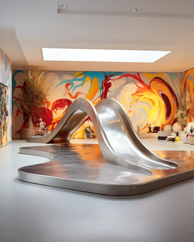 AI-generated indoor skateboard ramp with glossy finish and smooth chrome surface, designed by IVA POPSURREAL