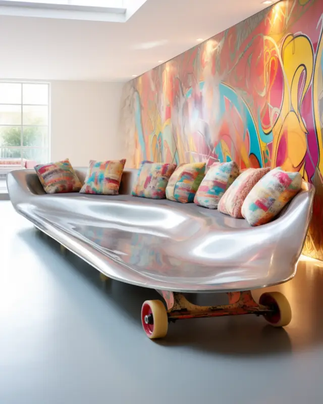 AI-generated chrome couch molded from a skate ramp with plush cushions, designed by IVA POPSURREAL