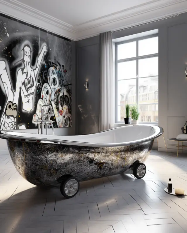 Clawfoot-style bathtub on wheels with black, white, and silver urban graffiti textures in a modern apartment. AI art interior by IVA POPSURREAL and Suzan Valois.