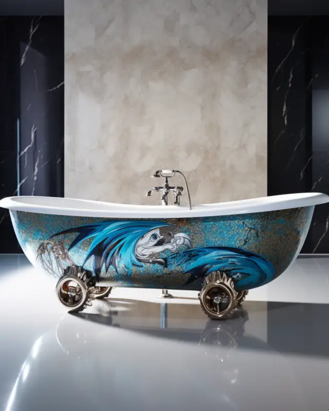 Freestanding bathtub on mechanical wheels with blue skull painting, set in a minimalist black and beige interior. Designed by IVA POPSURREAL and Suzan Valois using AI.