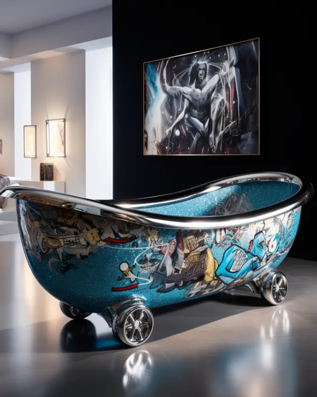 Blue illustrated bathtub on chrome wheels, set against black wall with surreal male portrait. AI design by IVA POPSURREAL and Suzan Valois.