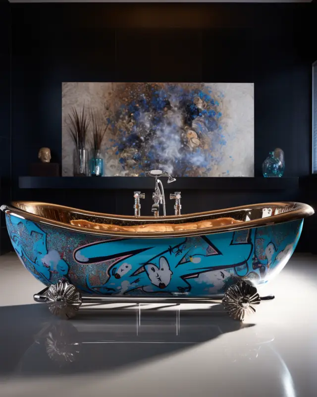 Freestanding metallic bathtub featuring sky-blue graffiti characters, staged in a gallery-like dark interior. AI art by IVA POPSURREAL and Suzan Valois.