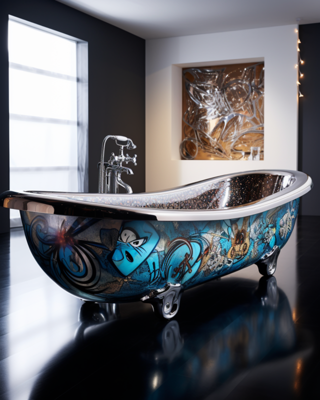 Graffiti-style clawfoot bathtub in a minimalist dark-floor interior, part of the “Posh Bathtubs – Just Point, It Belongs” AI art series by IVA POPSURREAL and Suzan Valois.