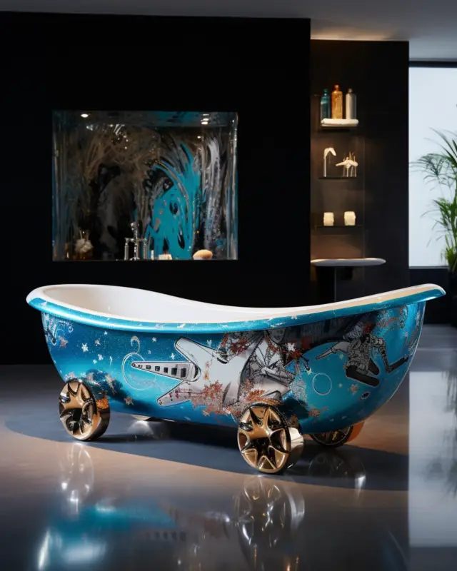 Blue freestanding bathtub on chrome star-shaped wheels featuring illustrated jet, skaters, and urban graphics. AI art by IVA POPSURREAL.