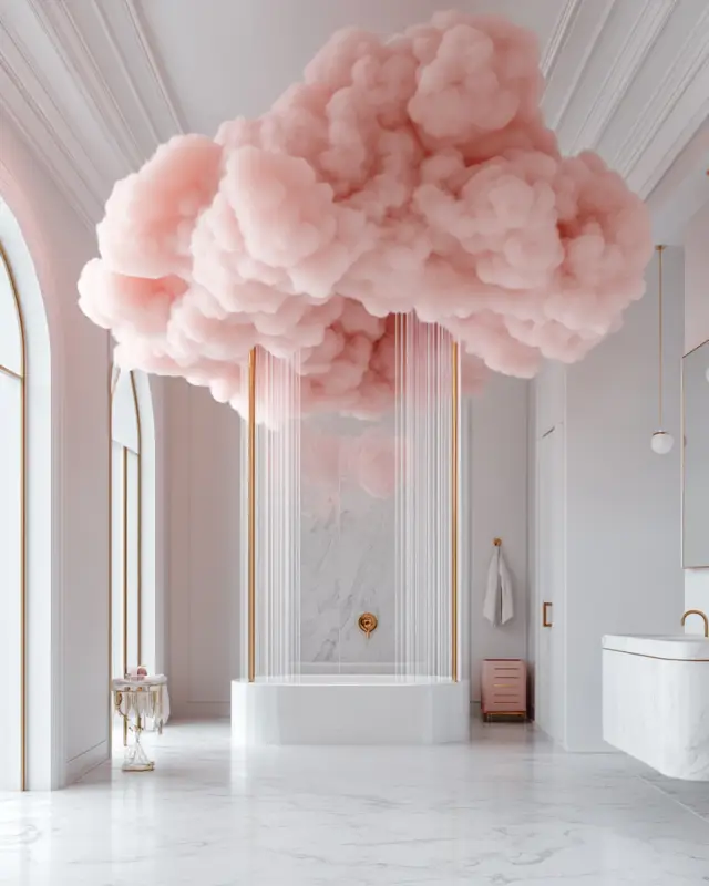 AI-generated pink cloud shower above white tub with marble and gold interior, designed by IVA POPSURREAL and Suzan Valois