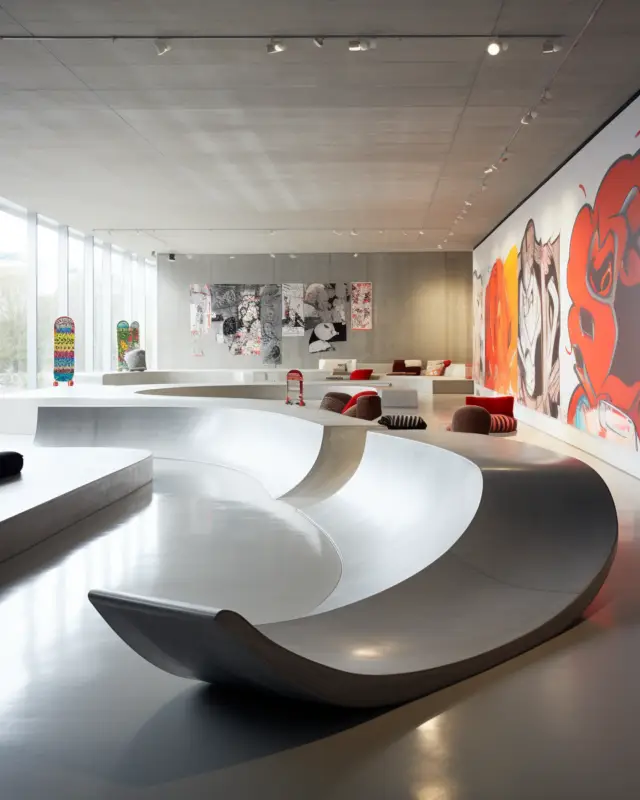 AI-generated office interior transformed into a skatepark with concrete ramps, communal tables, graffiti walls, and vibrant art installations by IVA POPSURREAL