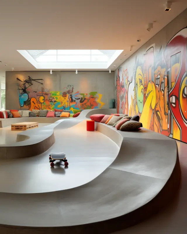 AI-generated open-plan office with concrete skate ramps flowing between workstations and meeting pods, designed by IVA POPSURREAL