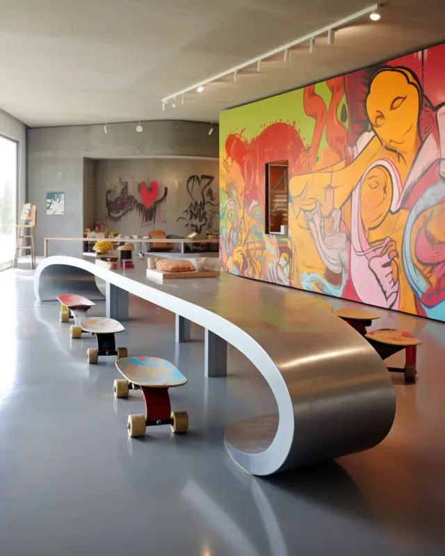 AI-generated office kitchen tables with integrated concrete ramp edges and smooth work surfaces, designed by IVA POPSURREAL