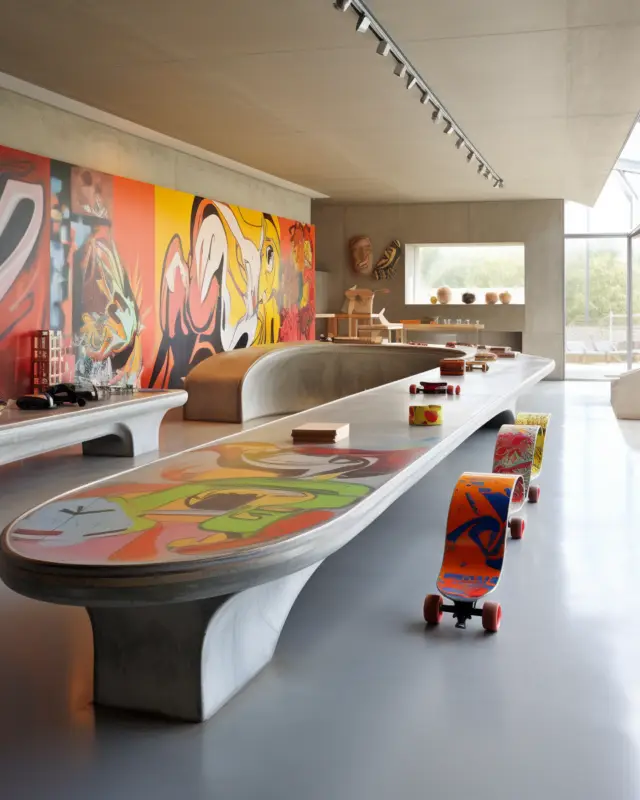 AI-generated office kitchen with exposed concrete countertops, integrated skate ramp edges, and minimalist cabinetry, designed by IVA POPSURREAL
