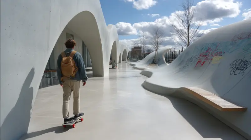 AI-generated pedestrian ramp reconfigured as a concrete skate ramp with smooth transitions and handrail modules, designed by IVA POPSURREAL