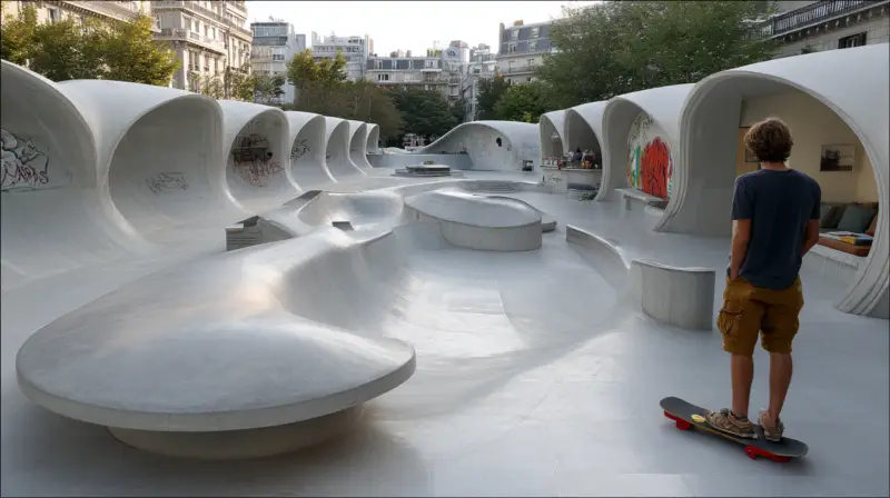 AI-generated urban street turned into a series of sculpted concrete skate ramps and bowls lining a city avenue, designed by IVA POPSURREAL