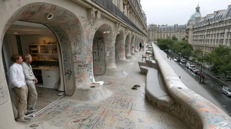 AI-generated office terrace transformed into an outdoor skate park with concrete ramps, planters, and workstations, designed by IVA POPSURREAL