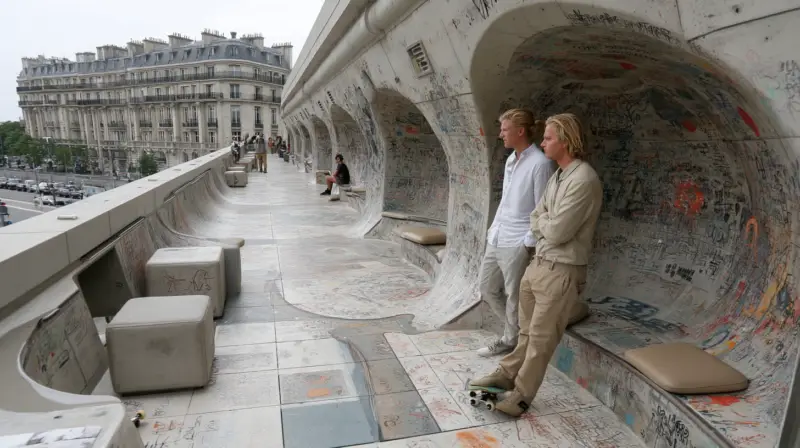 AI-generated terrace featuring a concrete skate ramp integrated with lounge seating and planters, designed by IVA POPSURREAL
