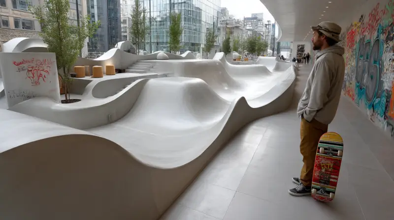 AI-generated city road transformed into seamless concrete skate ramps and bowls, blending urban infrastructure with sculptural flow, designed by IVA POPSURREAL