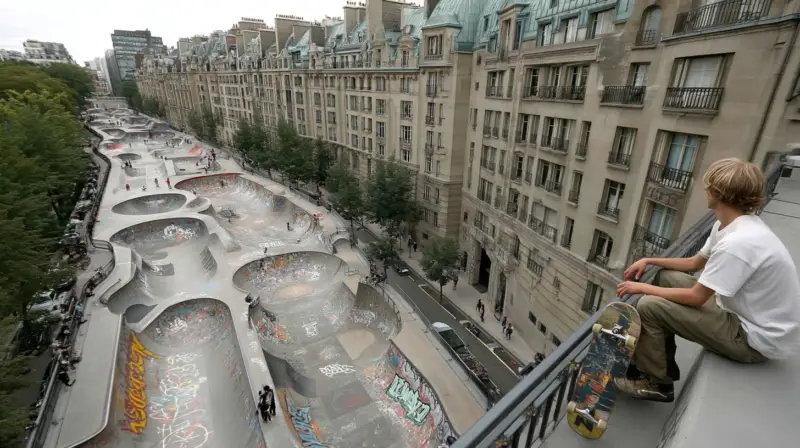 AI-generated continuous skate park road with integrated concrete bowls, ledges, and rails carved into city pavement, designed by IVA POPSURREAL