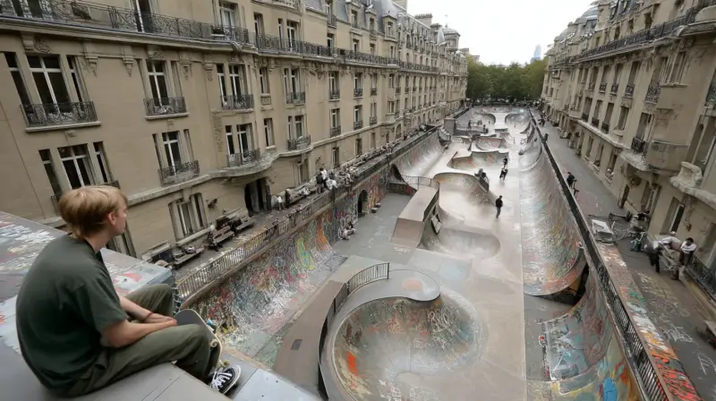 AI-generated city streets transformed into continuous skate park roads with sculpted concrete ramps and rails, designed by IVA POPSURREAL