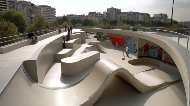 AI-generated rooftop skate park with concrete bowls, rails, and street elements set against a city skyline, designed by IVA POPSURREAL