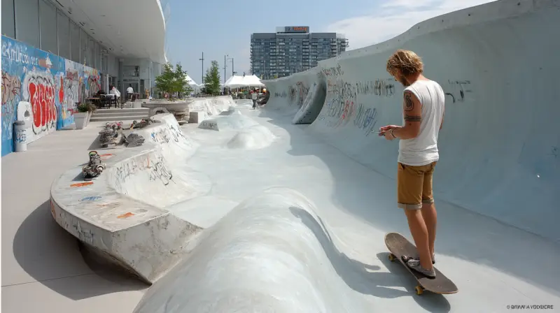 AI-generated outdoor skate plaza featuring concrete ramps, bowls, and ledges integrated into a public park setting, designed by IVA POPSURREAL