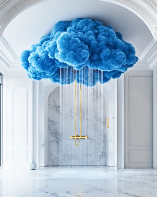 AI-generated blue cloud shower with rainfall and gold fittings in arched marble space, designed by IVA POPSURREAL and Suzan Valois